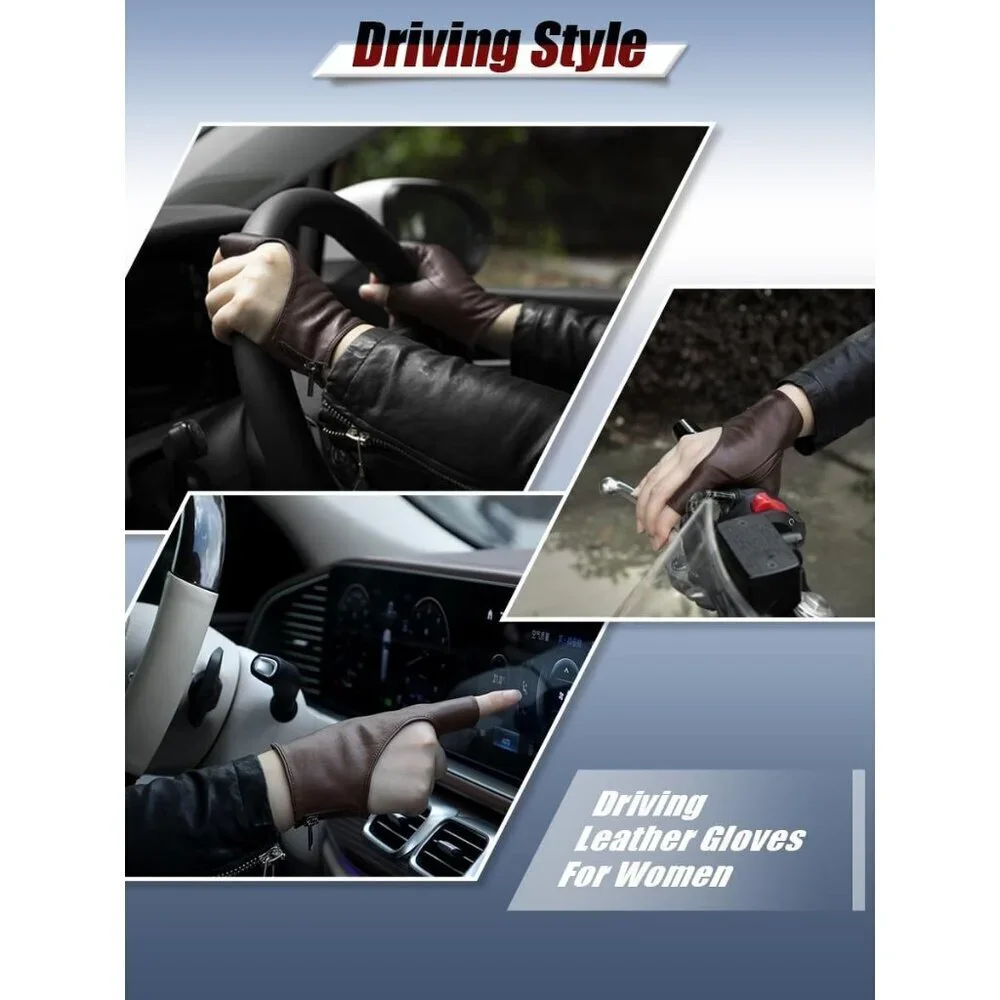 Women's Brown Fingerless Leather Driving Half Finger Gloves Halloween Design